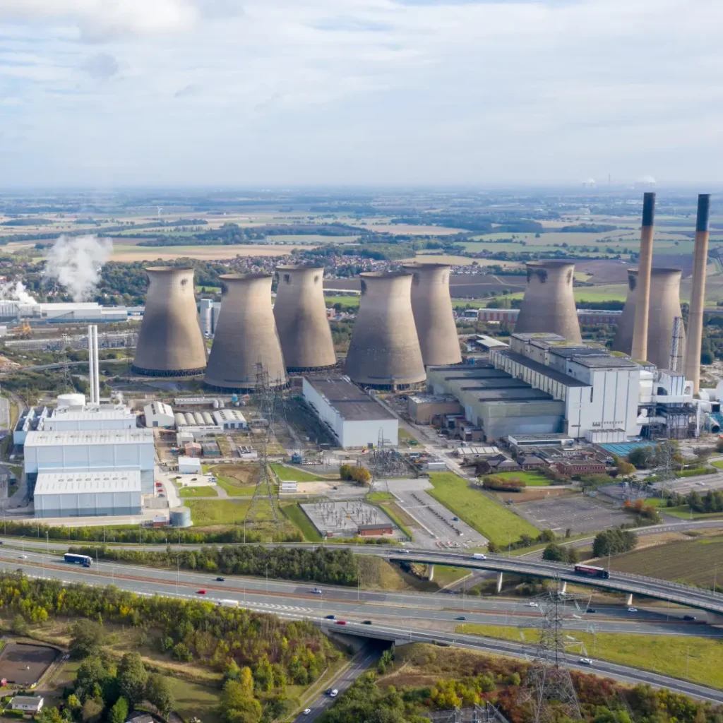 Aerial shot of the cooling towers at a power plant