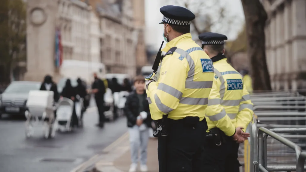Police standing guard