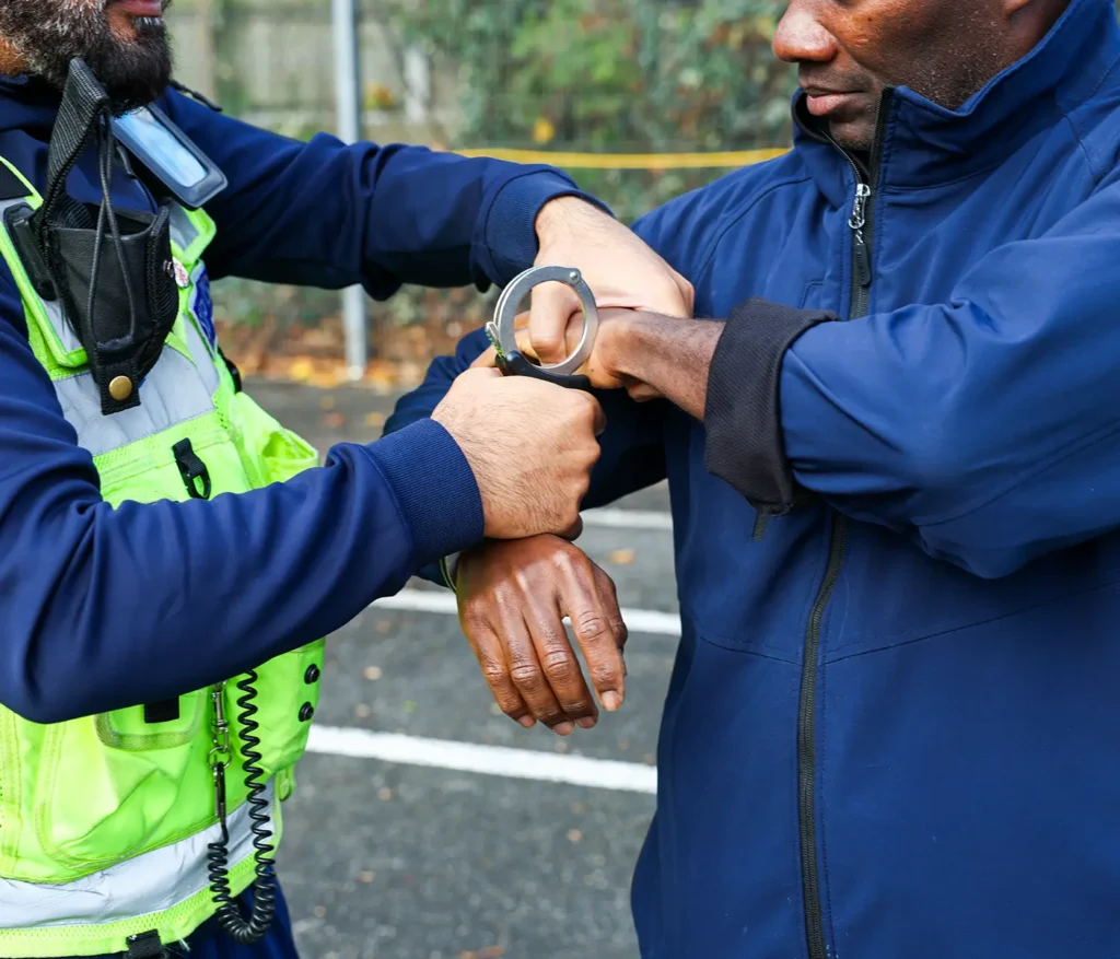 A law enforcement officer in a high-visibility vest applying handcuffs to a person's wrists outdoors