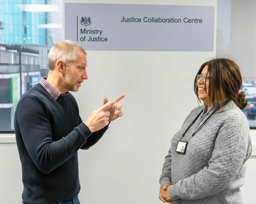 Two colleagues talking in front of a Ministry of Justice, Justice Collaboration Centre sign