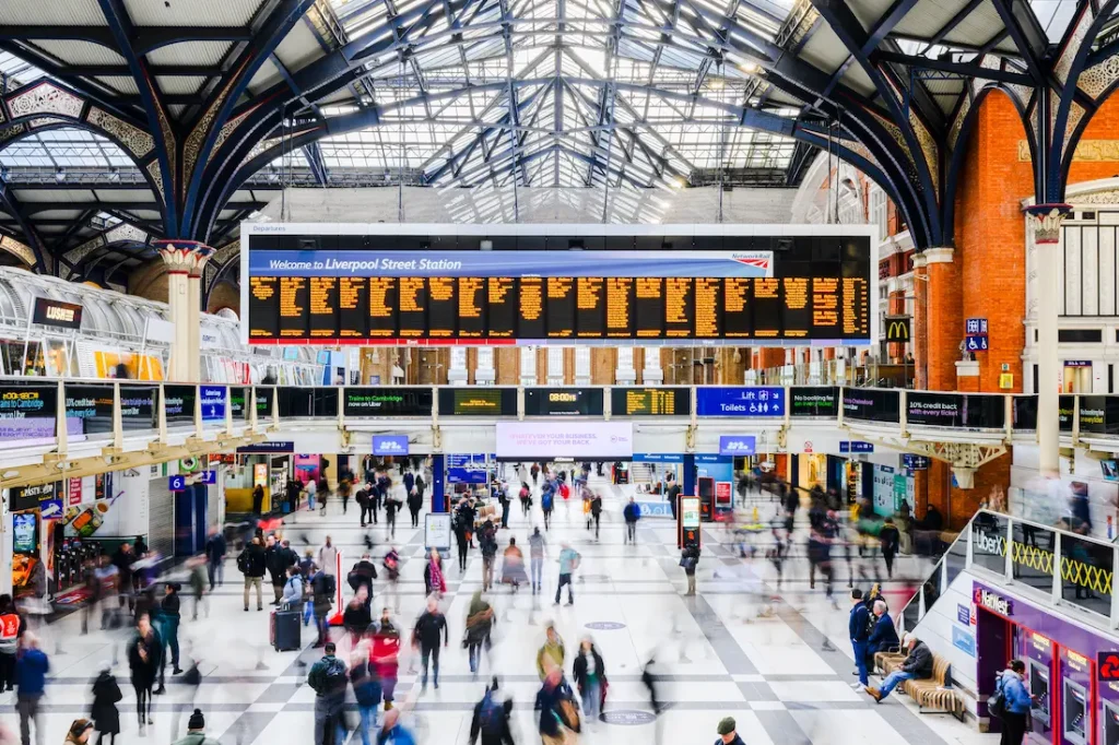 A busy train station in London where protestors gather