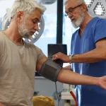 A male nurse takes a patients blood pressure in hospital