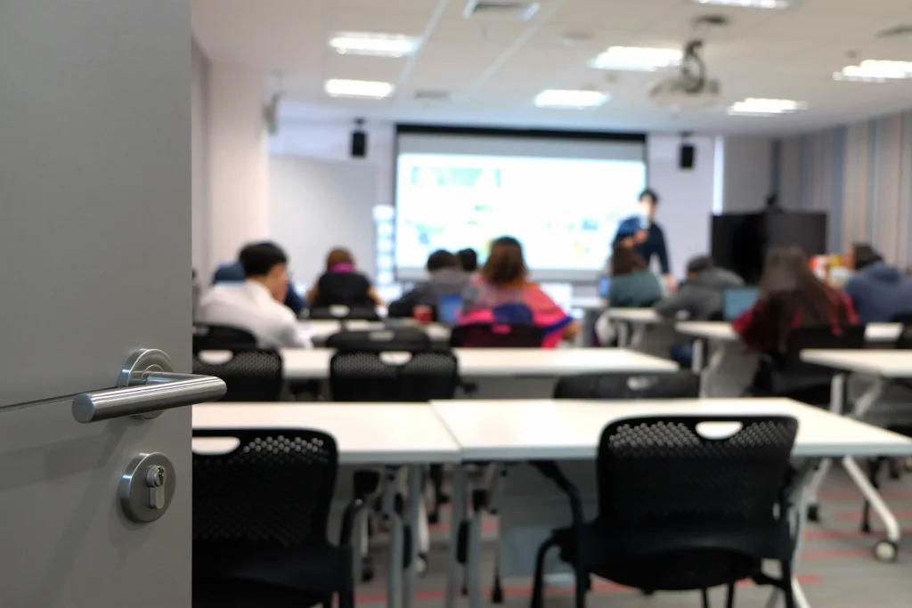 Teacher leading a lesson with pupils seated at their desks - the calm, orderly classroom environment inspectors assess under the Ofsted report card framework