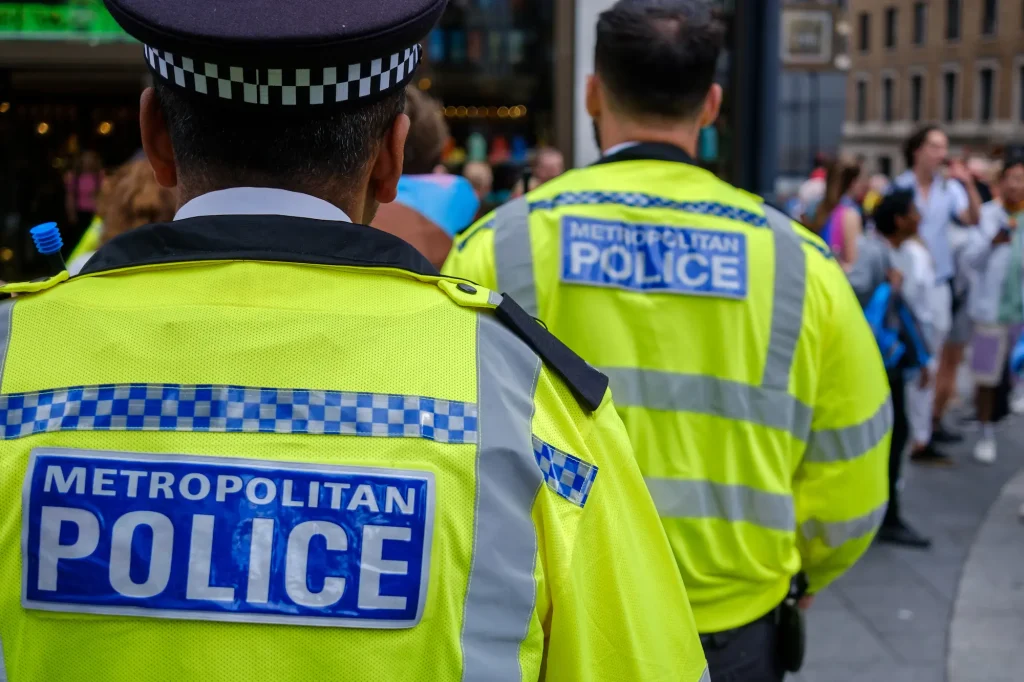 Police officers observing a group of protestors in London